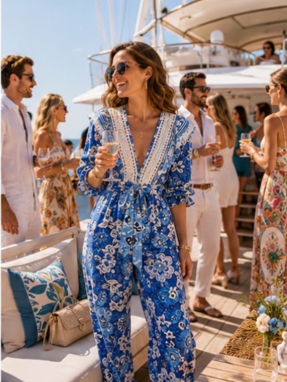 FARM Rio Blue & White Floral V-Neck Jumpsuit